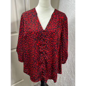 Torrid Harper Blouse Heart Print Button Front 3/4 Roll Tab Sleeve Top Plus Sz 2X